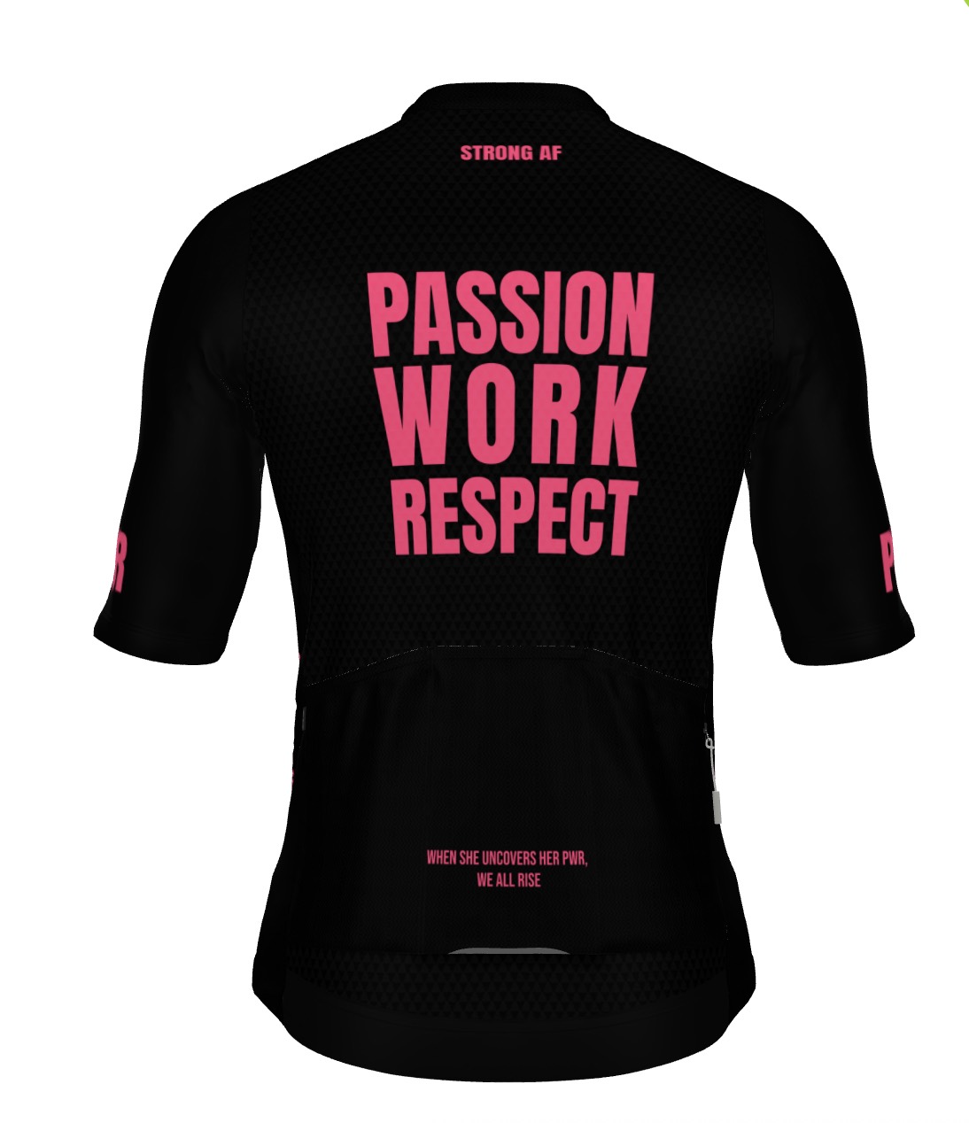 Jersey back mock: STRONG AF under the collar, stacked PASSION WORK RESPECT on the back panel, quote on the middle pocket