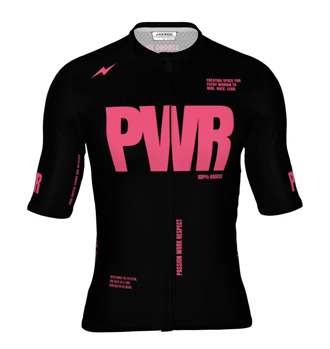 Jersey front mock: lightning bolt at left chest, large PWR across the center, vertical PASSION WORK RESPECT beside the zip