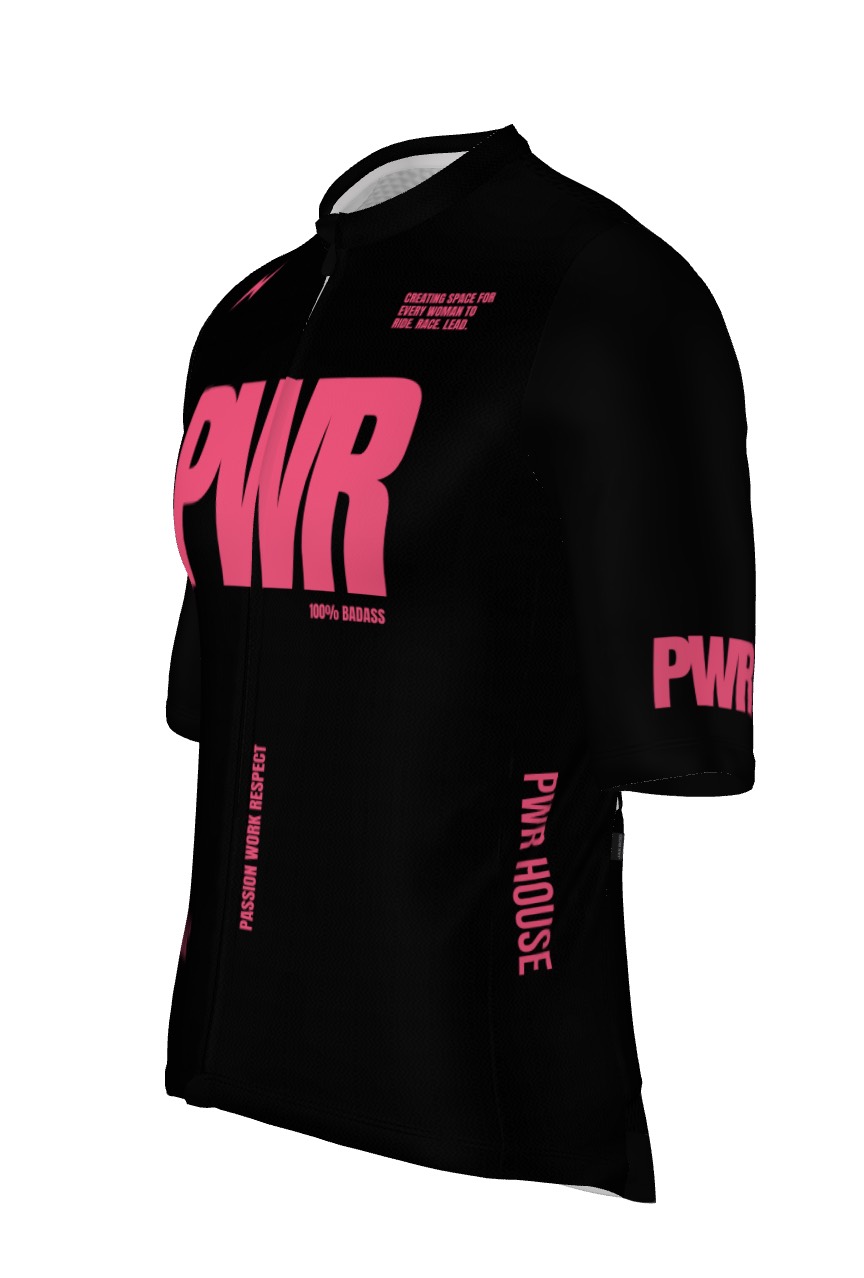 Jersey left three-quarter view showing PWR HOUSE set vertically on the side panel below the sleeve