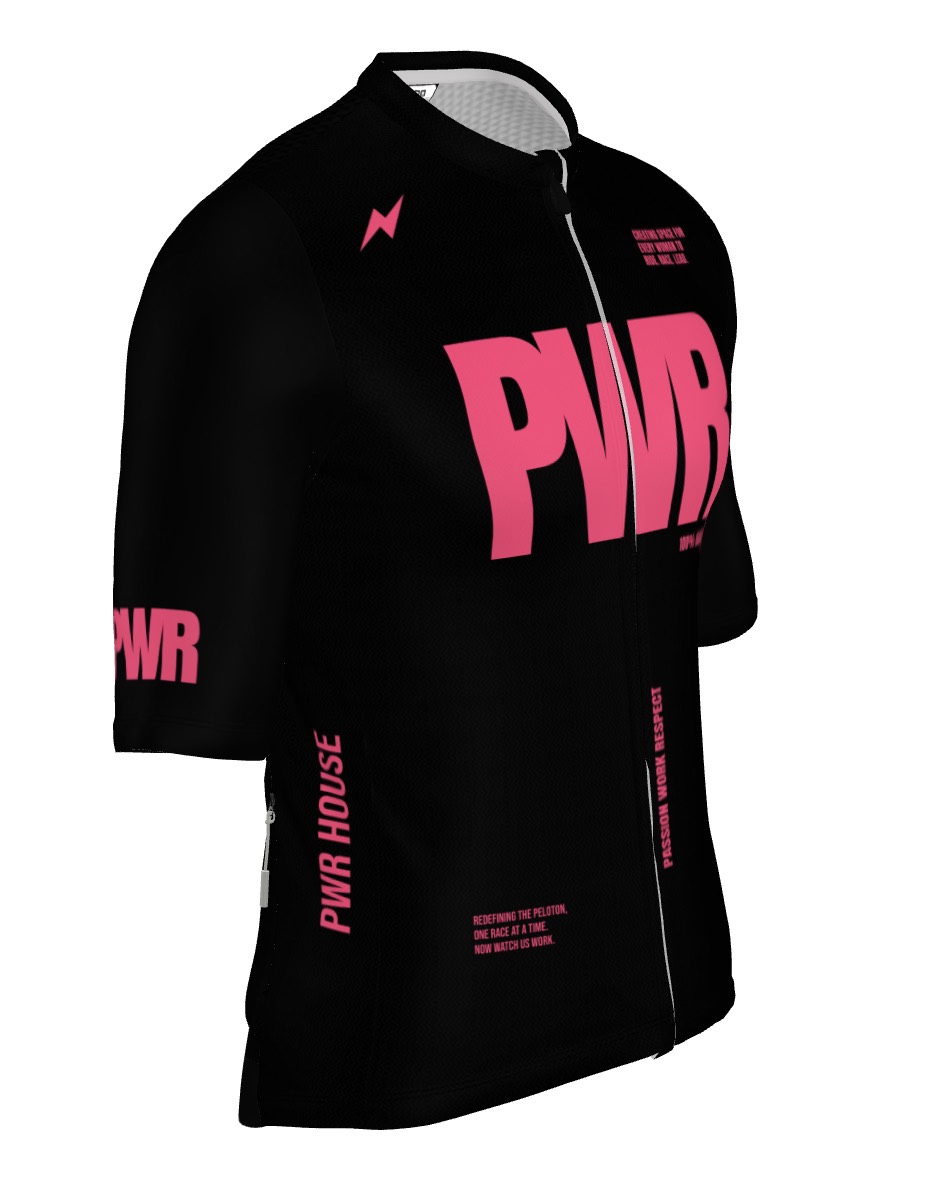 Jersey right three-quarter view showing PWR HOUSE set vertically on the opposite side panel
