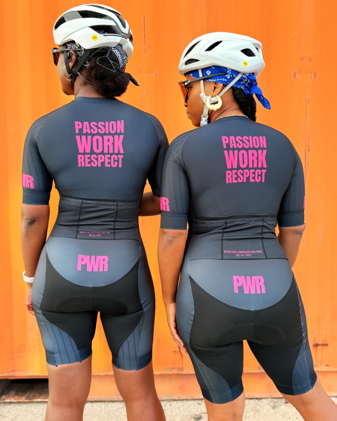 Skinsuit rear, PWR on the seat panel and quote band
